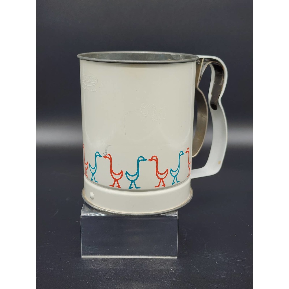 Vintage Androck Geese Flour Sifter, Cream w/ Red & Blue Geese, Made in USA